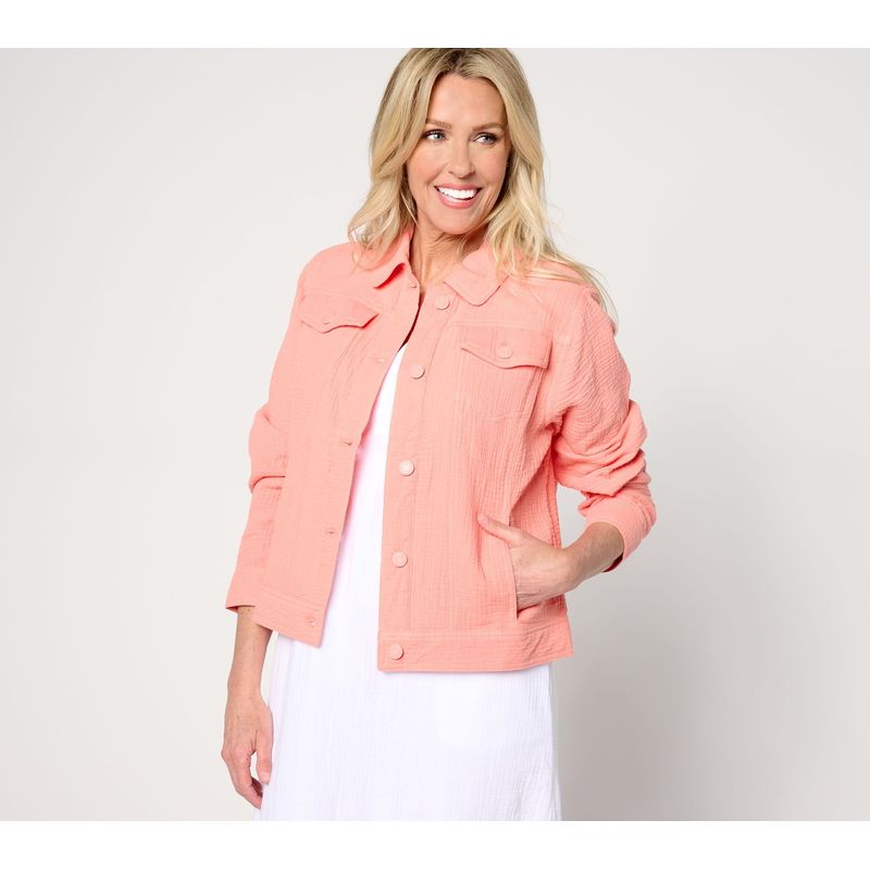 Isaac Mizrahi Live! Women's Jacket Sz L Bridgehampton Cotton Gauze Pink A669707